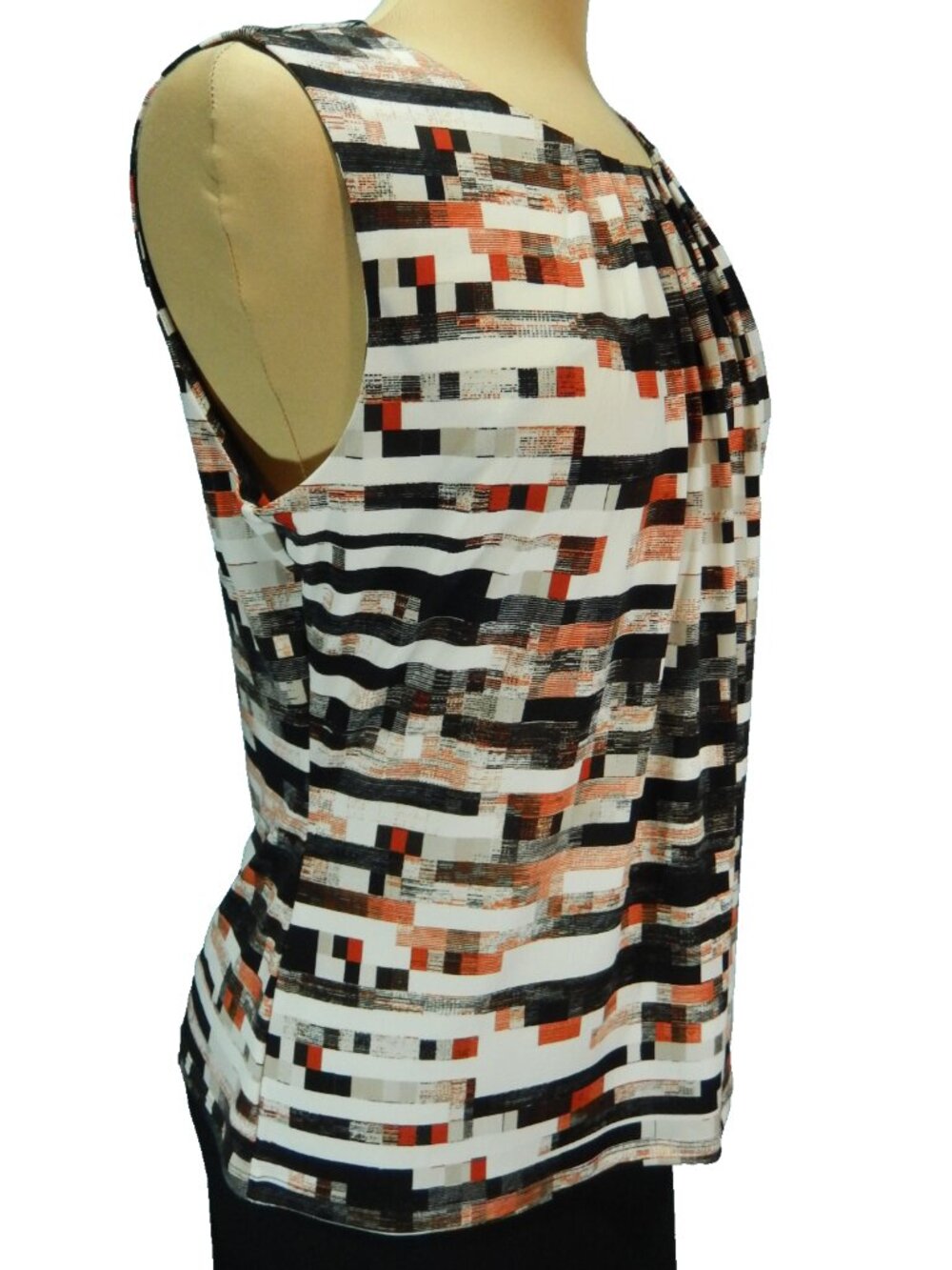 Calvin Klein Red/Black/White Geometric Pleat Neck Sleeveless Career Top Lg EUC